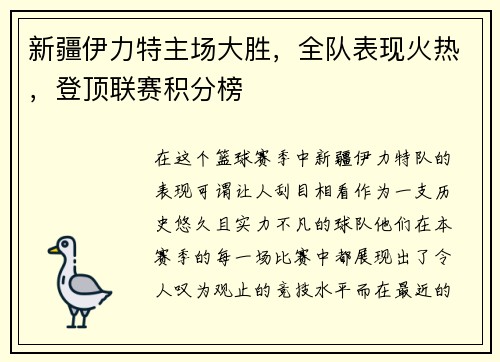 新疆伊力特主场大胜，全队表现火热，登顶联赛积分榜